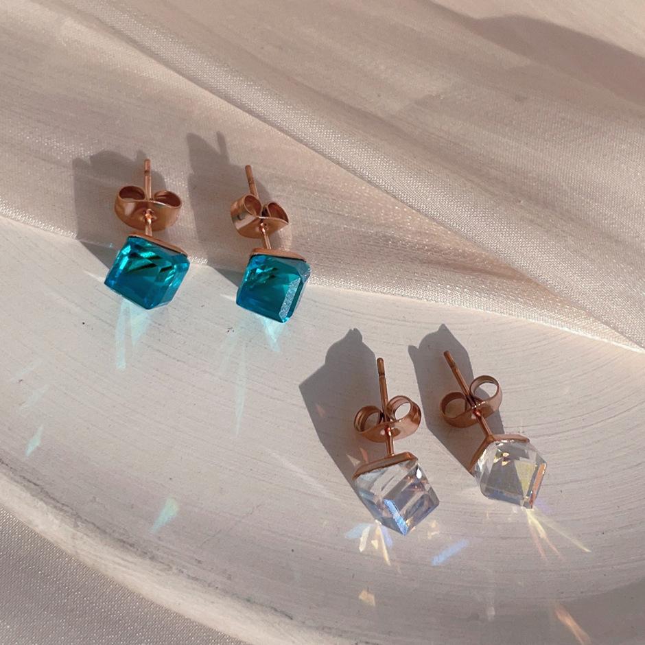 Shiny Color Crystal Small Square Bead Earrings Sea Blue Sugar Cube Titanium Steel Earrings Earrings Light Luxury