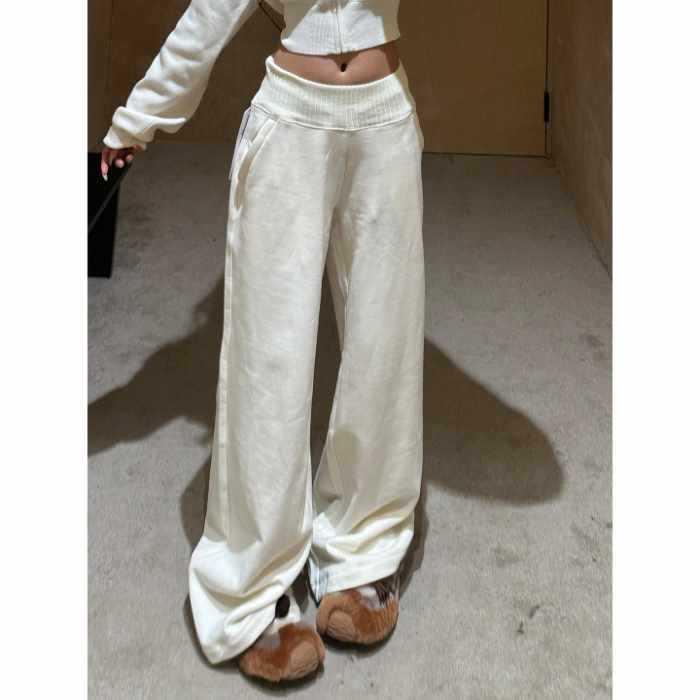 

Beige Straight Leg Women s Sweatpants with Zippered Pockets - Spring/Autumn Wide Leg Casual Pants L