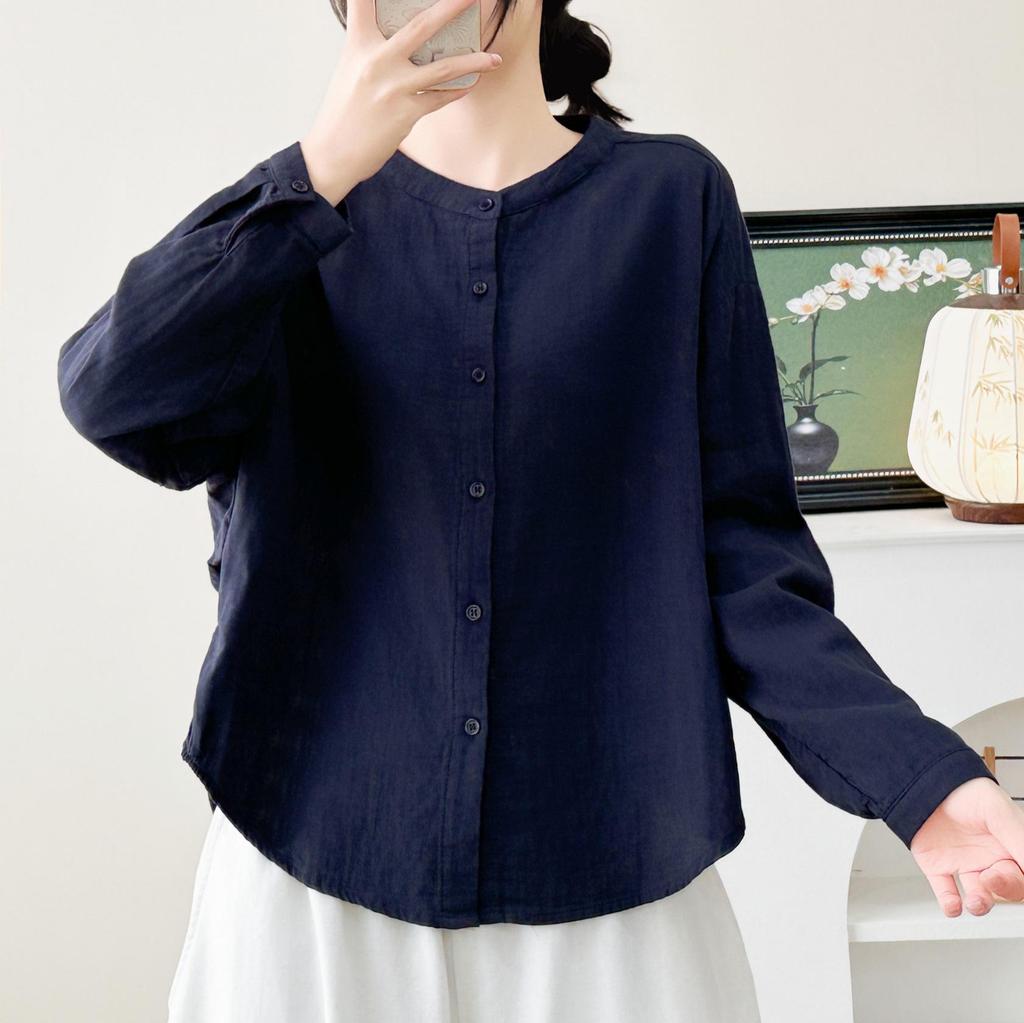 2026 Spring Korean-Style Loose Long Sleeve Cotton Gauze Women's Shirt, Double Layer Stand Collar, Solid Color.