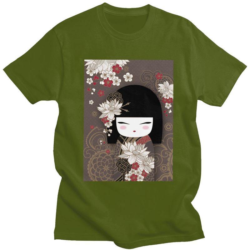 Custom Kokeshi Doll Cherry Blossoms T Shirts Men 100 Cotton Tee Tops Japanese Kimono Geisha Girl Tshirts Tshirt