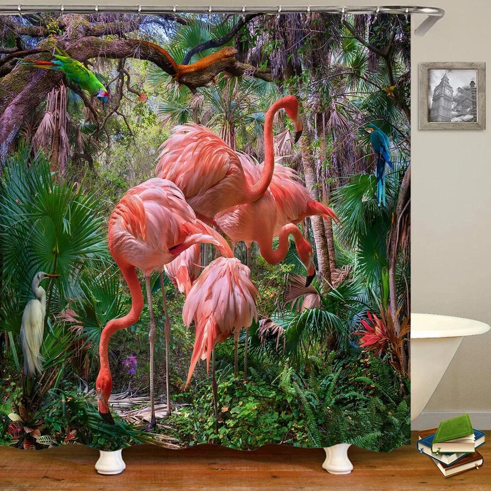 Flamingo Shower Curtains Green Leaf Bathroom Waterproof Polyester Fabric Printing Shower Curtain Decoration Bath Screen
