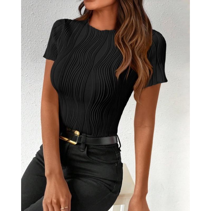 Summer Round Neck Slim Fit Short Sleeved T-shirt Elegant Simple Top Fashion Street Wear Casual Solid Color Blouse Pleated Office Shirts Tees