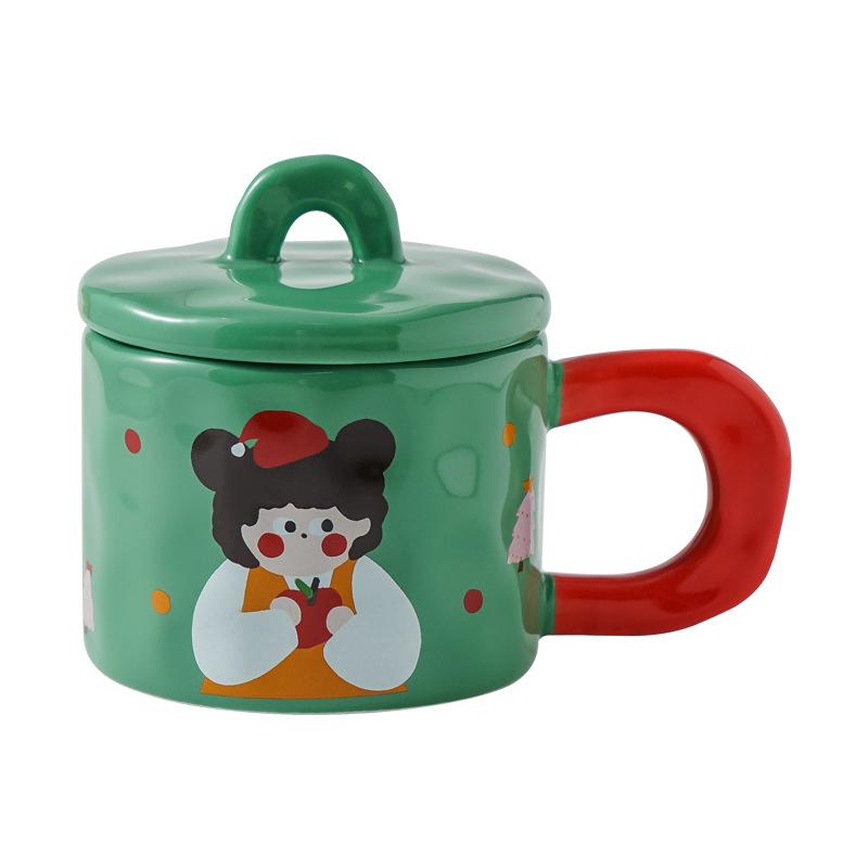 Retro Girl Mug with Lid Girl High Looking Ceramic Cup Creative Water Cup Office Coffee Breakfast Cup