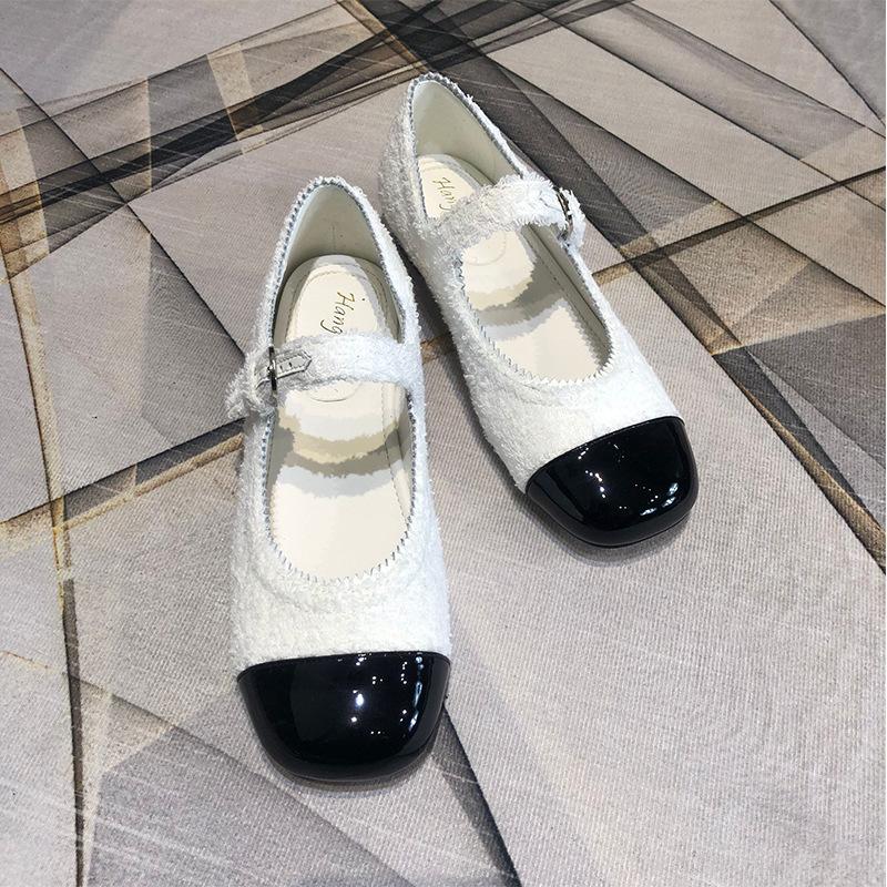 Mixed Colors Mary Janes Shoes Women Buckle Strap Tweed Flat Shoes For Women Square Toe Elegant Designer Shoes Women