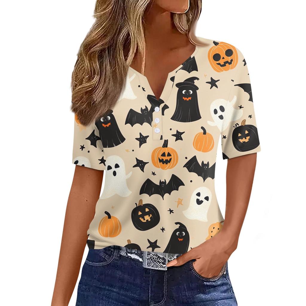 Damen T-Shirt Halloween Bedruckt Knopf Kurzarm Tunika Täglich Wochenende Mode Basic V-Ausschnitt Reguläres Oberteil