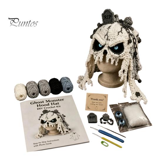 DIY Animal Hood Hat Halloween Crochet Kit, Skull Spider Bat Beginner Friendly Yarn Kit Spooky Pumpkin Earflap Craft for Adults Teens, Autumn