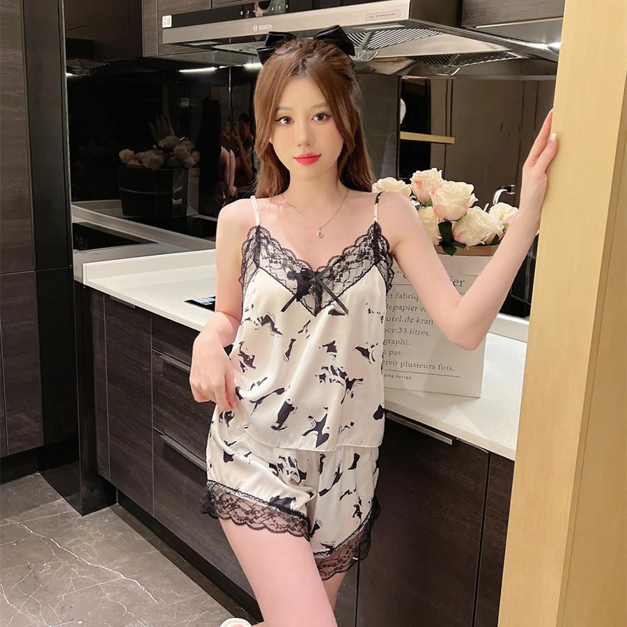 Summer New Pajamas Women's Ice Ribbon Chest Pad Printing Series Short Hanging Shorts Pure Desire Wind Lace Loungewear Set