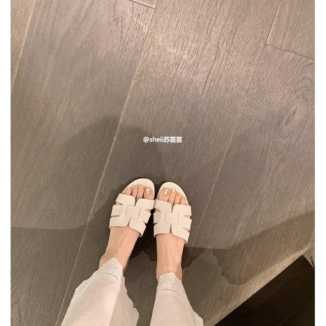 Su Yinyin's same round-headed lizard-patterned soft leather one-word thick-heeled slippers women's niche casual versatile commuter cool slippers
