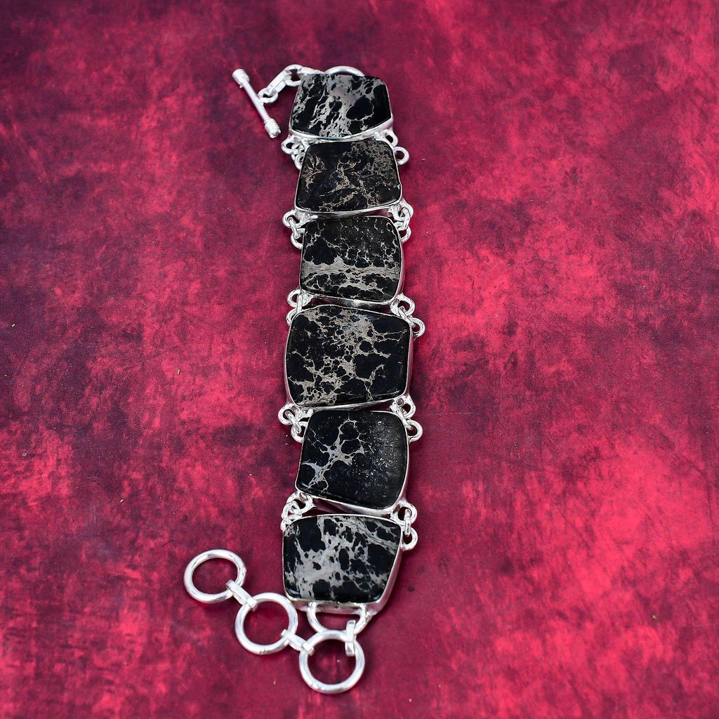 Black Sea Sediment 925 Solid Sterling Silver Bracelet with Adjustable Chain, Handmade Gemstone Jewelry Bracelet For Memorial Day