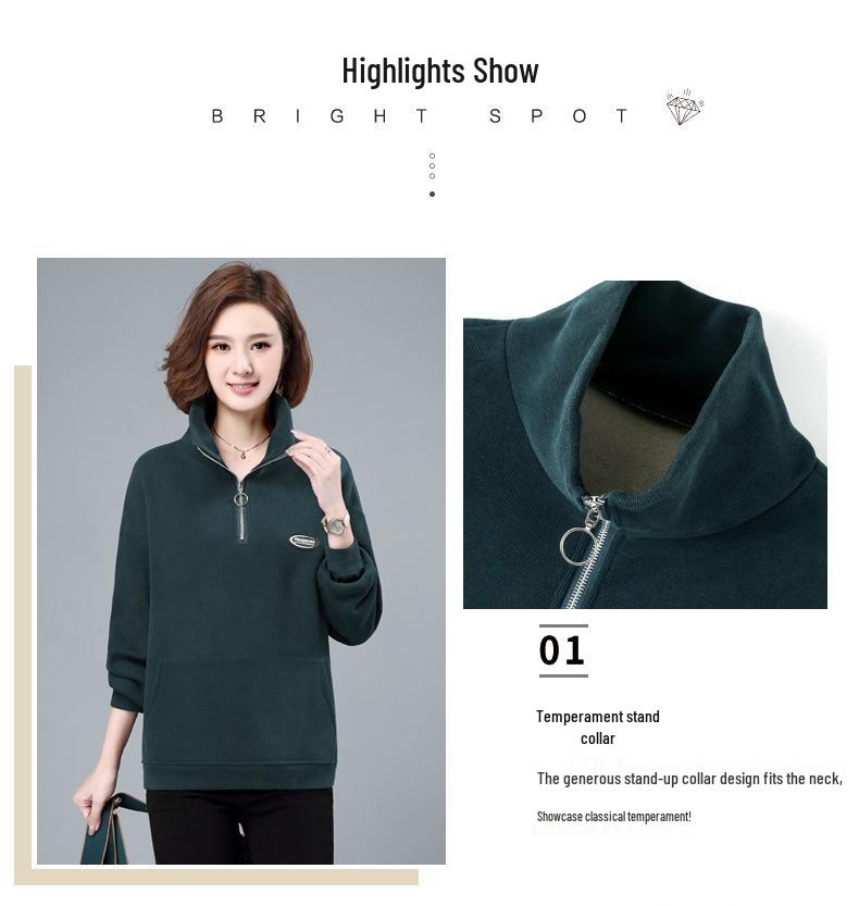 Women's Fleece-Lined Half-Zip Stand Collar Sweatshirt - 2024 Autumn/Winter Korean Style for Middle-Aged Moms