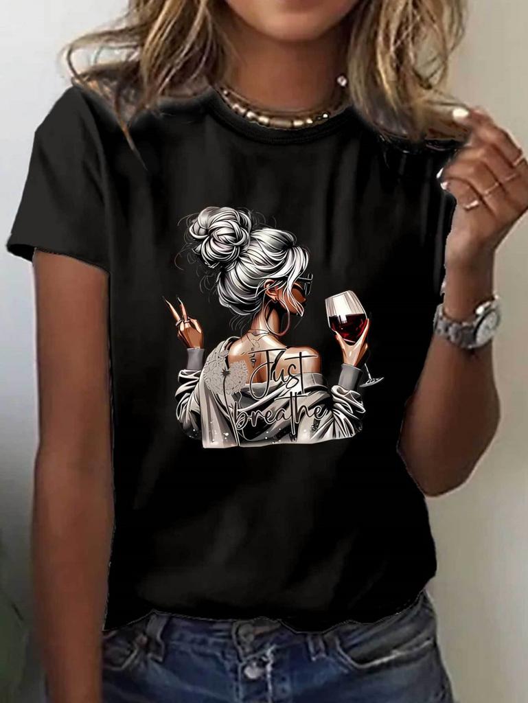Women's Tops Girls' Wine Glass Graphics Print Summer Short Sleeved T-Shirt Minimalist Solid Color Casual Tees Clothing Female