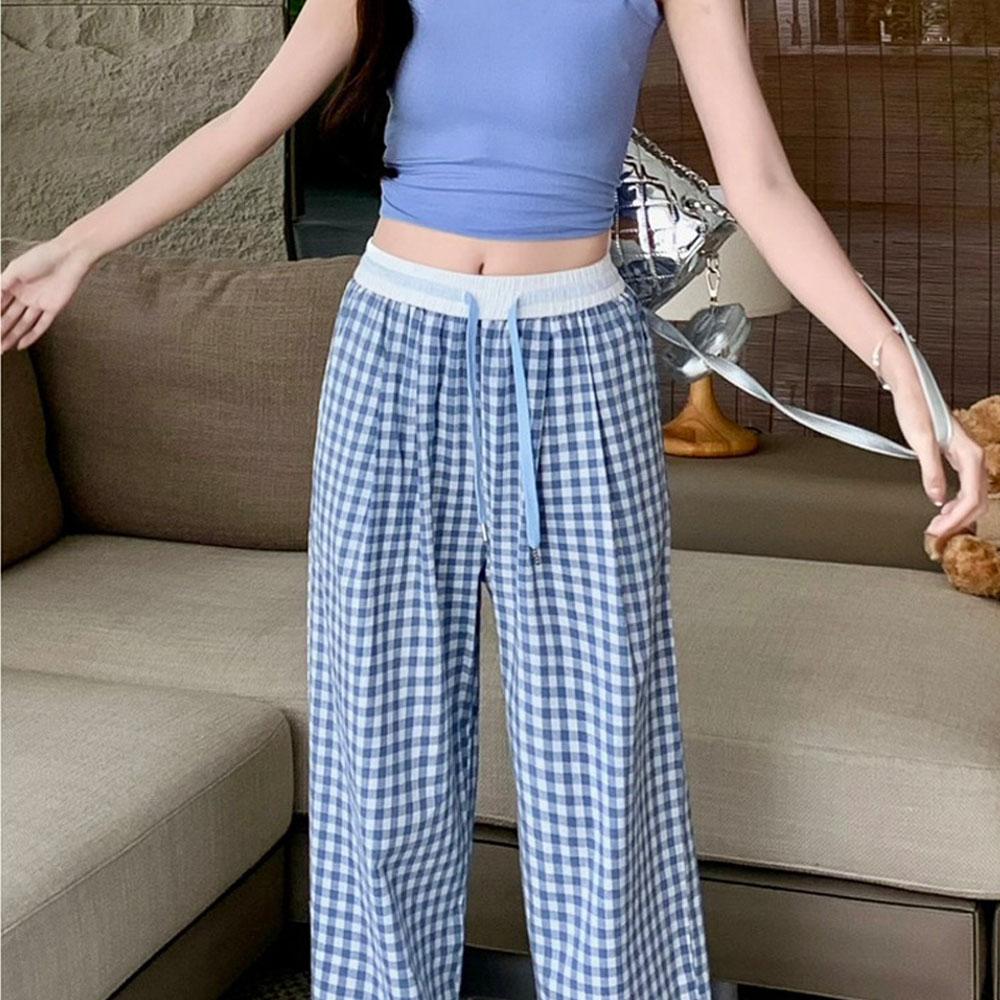 Women's Thin Summer Casual Plaid Pants Straight Trousers Jogger Jogging Pants Sweatpants Streetwear Women