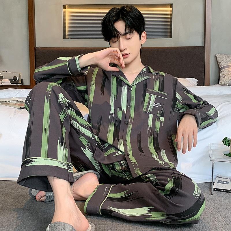 Autumn Cardigan Man Pajamas Cotton Fashion Sleepwear for Men Leisure Casual Nightwear Pijamas Set pyjama homme Dropship