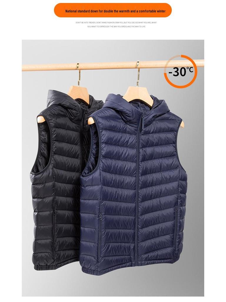 Men's Lightweight Down Vest - Sleeveless, Stand Collar, Short Style, Warm White Duck Down, Autumn/Winter Collection.