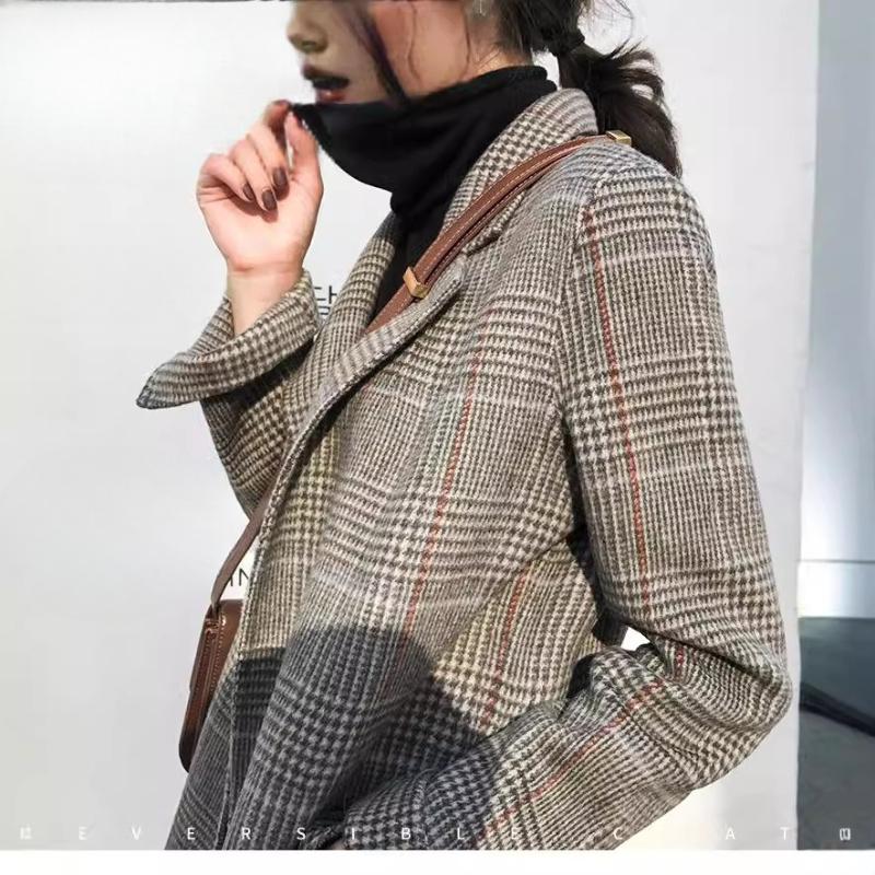 Plaid Suit Vintage Loose Mid-length Autumn and Winter Wool Plaid Small Suit Jacket Women