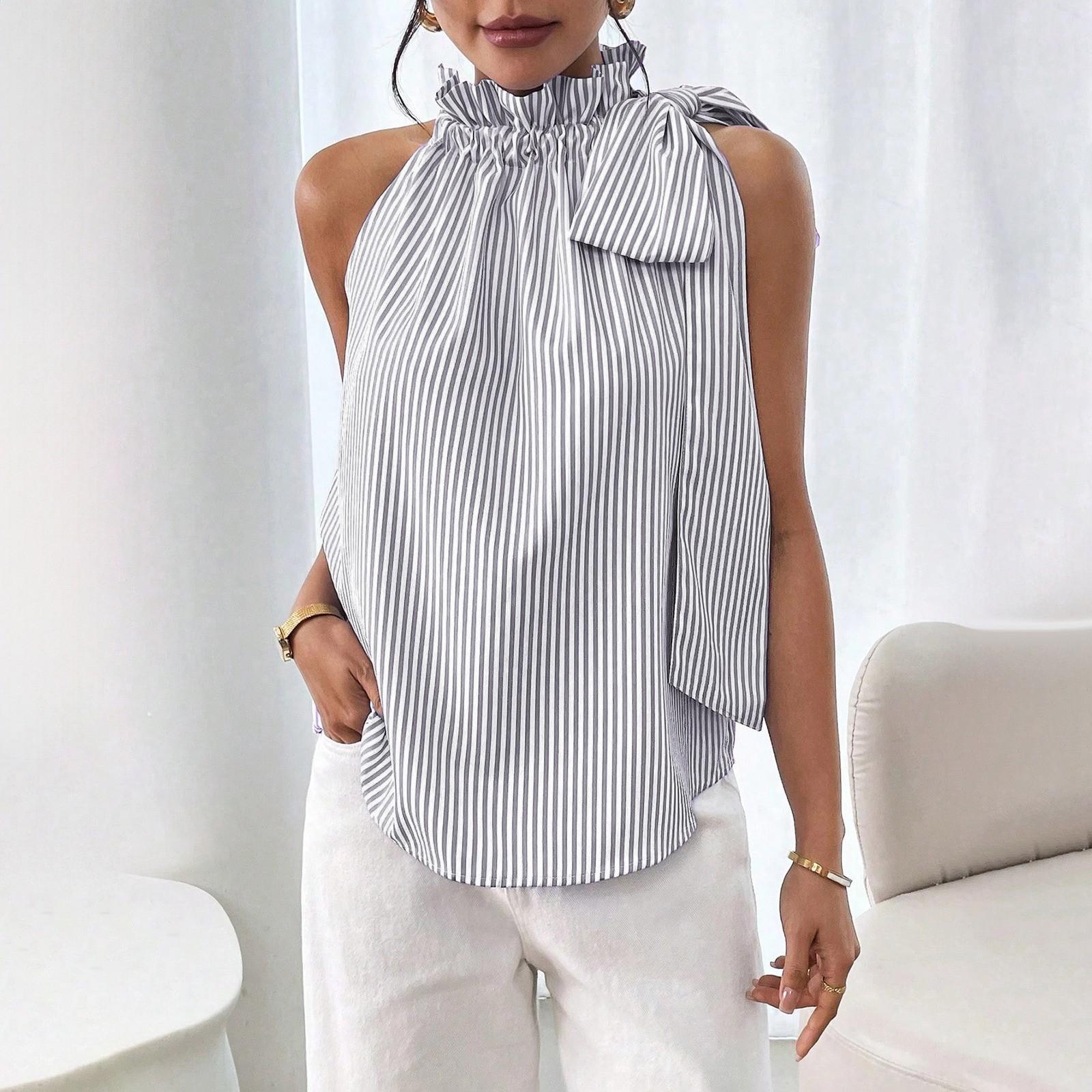 

Женская модная повседневная футболка-топ без рукавов с круглым вырезом, в полоску, с кружевной отделкой L чёрный