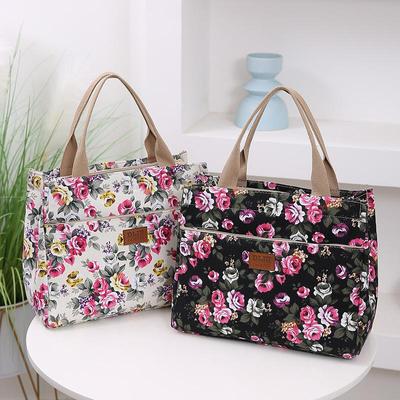 Modische Tragetasche mit floralem Print, tragbare Canvas-Lunchtasche, Damen-Freizeithandtasche, Bento-Mami-Umhängetasche für Picknick-Reisen AVE