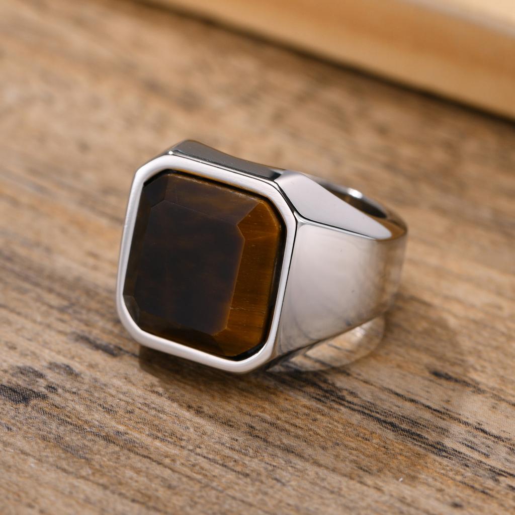 Vnox Stilfulde Firkantede Naturstens Seglringe til Mænd, Rustfrit Stål Metal Fingerring Festgave Smykker