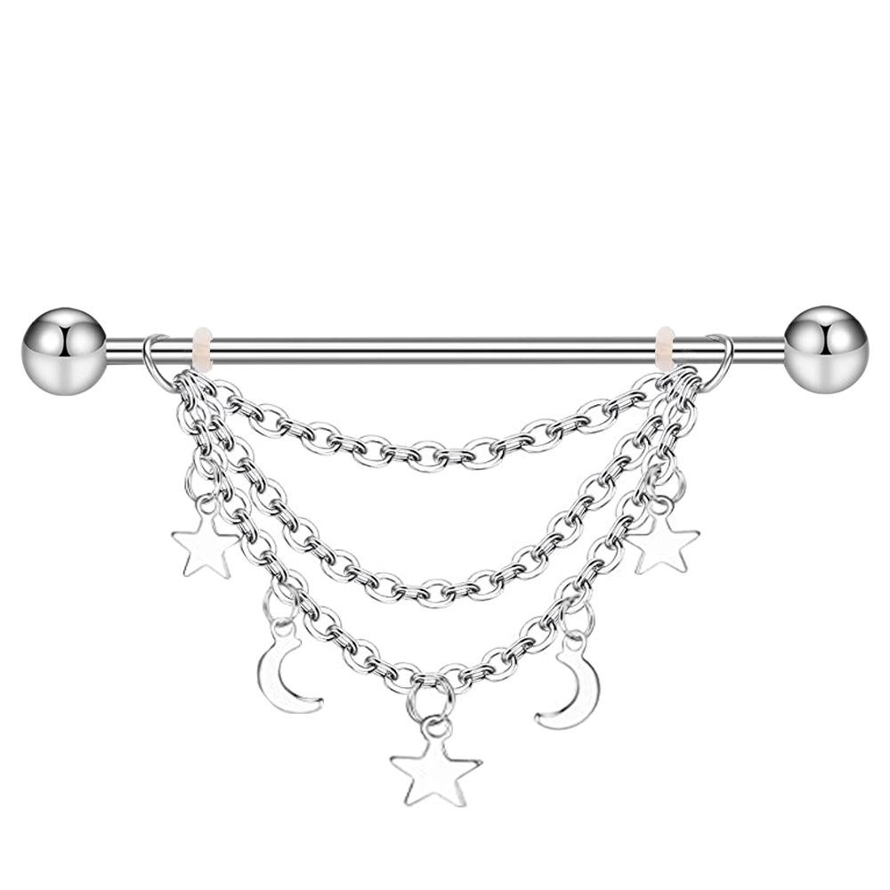 Fashion Stainless Steel Industrial Piercing Long Rod Chain Star Tragus Earrings Jewelry for Women Men