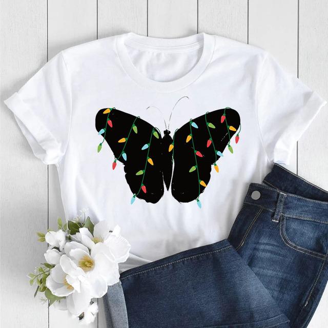 Butterfly Love Heart Print T Shirt Women Fashion Black T Shirt Female Short Sleeve Cute Graphic Tee Shirts Ladies Summer Tops