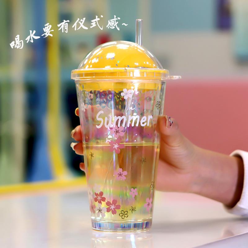 Stylish Cherry Blossom Starry Sky Glass Cup with Straw - Perfect Gift for Girls