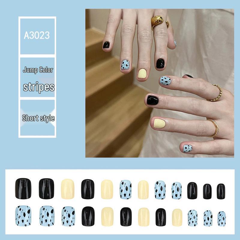 

Желто-черно-синие пестрые цветные блоки накладные ногти - Свежий ежедневный короткий универсальный нейл-арт для всех размеров