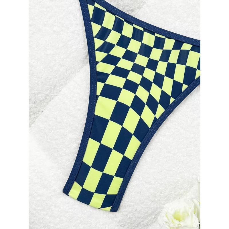Sexy Swimsuit New Micro Bikini Women Plaid Swimwear Gold Ring High Leg Two Piece Bathing Suit Strappy Beachwear Biquini