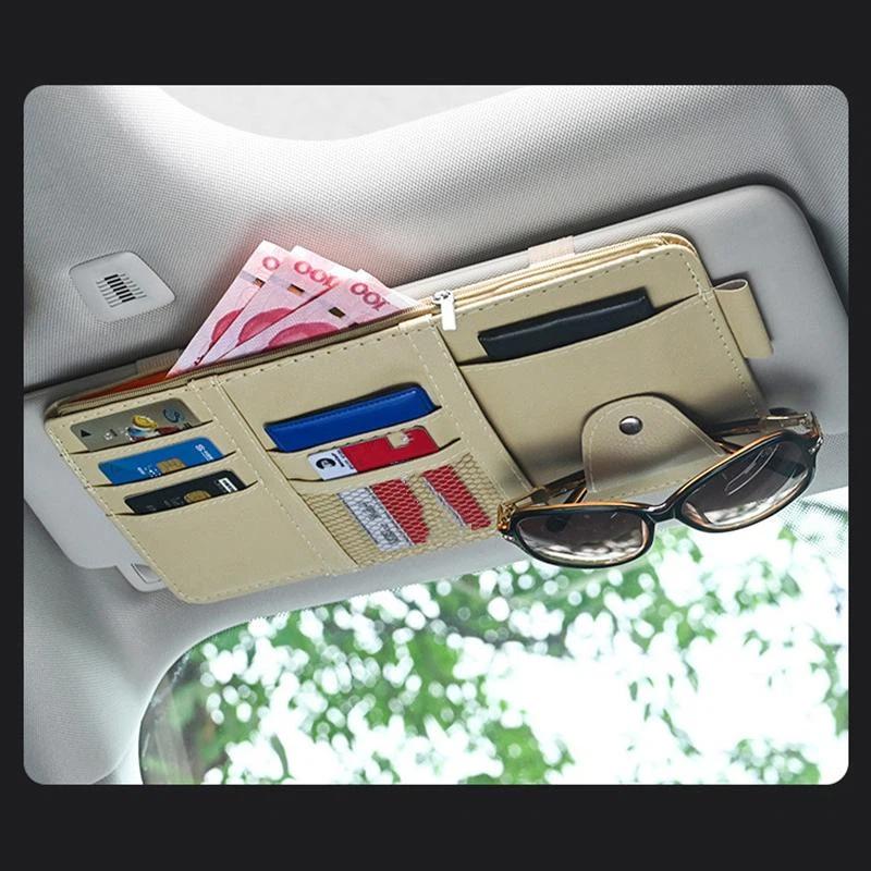 Sunshade Storage Bag Pu Leather Multi-Pocket Net Zipper Car Sun Visor Organizer Sunglasses Holder For Car Interior Accessories