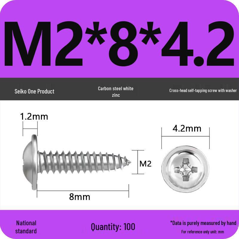 PWA Nickel-Plated Carbon Steel Self-Tapping Screws with Washer, White Zinc Cross Head, Pointed Tail, Sizes: 1.6/1.8/2/2.5