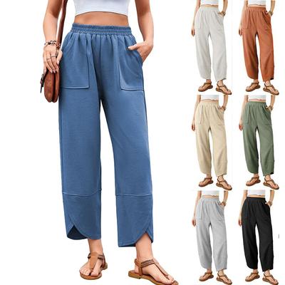 Women's Casual Elastic Waist Pocket Cropped Pants Straight Pants Loose Harem Pants Solid Color Sports Pants