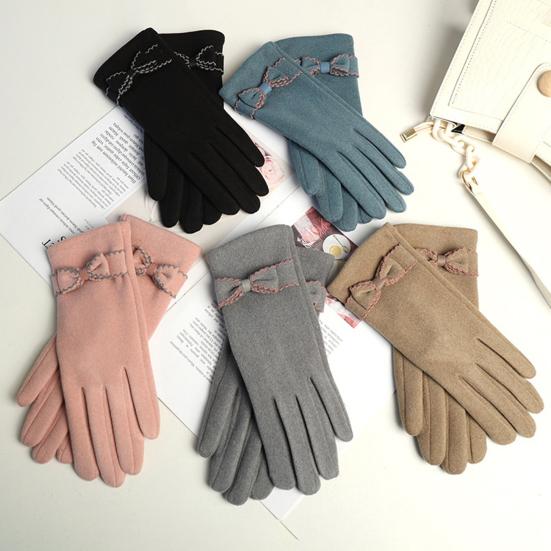 1 Pair Soft Gloves Anti-static Full Finger Cover Elegant Bow-know Plus Velvet Inside Gloves for Lady Winter