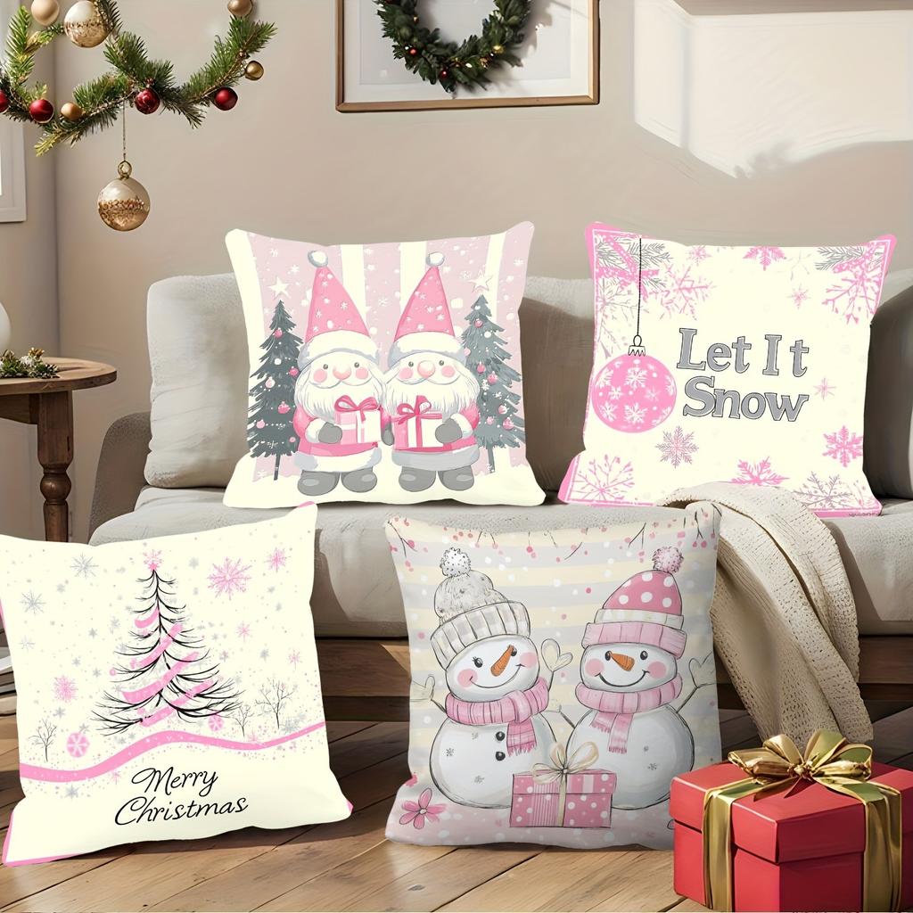 Pink-Printed Christmas Pillowcases: Let It Snow & Santa Gnomes! sofas, bedroom pillow covers, holiday gifts