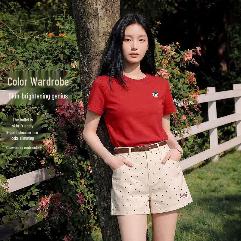 Ledin Embroidered Gradient Strawberry Slim Fit Short Sleeve T-Shirt S