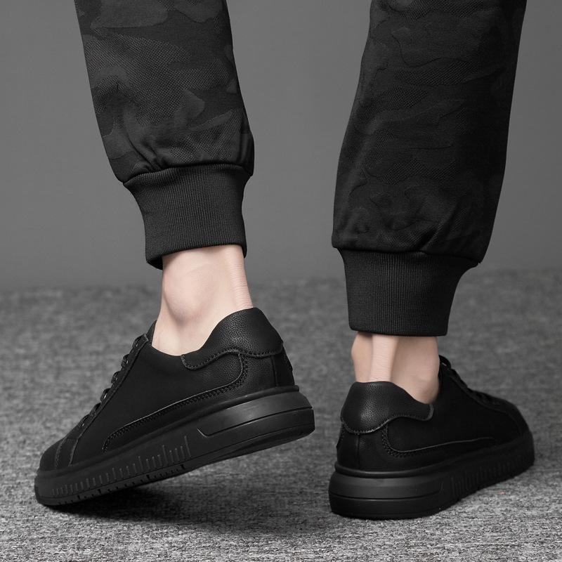 Frosted cowhide casual shoes men's spring and autumn leather business board shoes men's large size lace-up thick-soled black leather shoes men