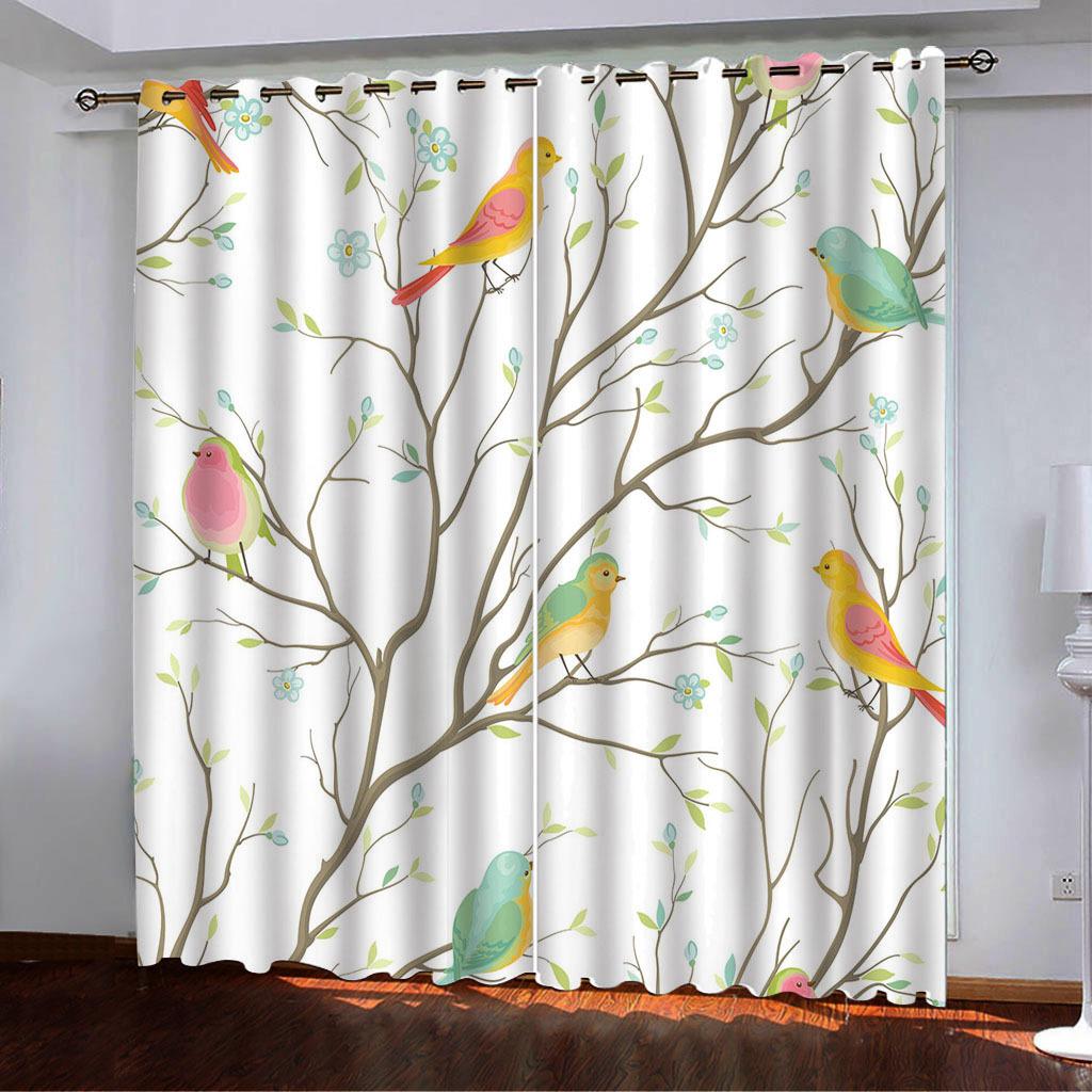 Curtains Flower And Bird Line Series Spring 3D Digital Printing High Density Blackout Curtains