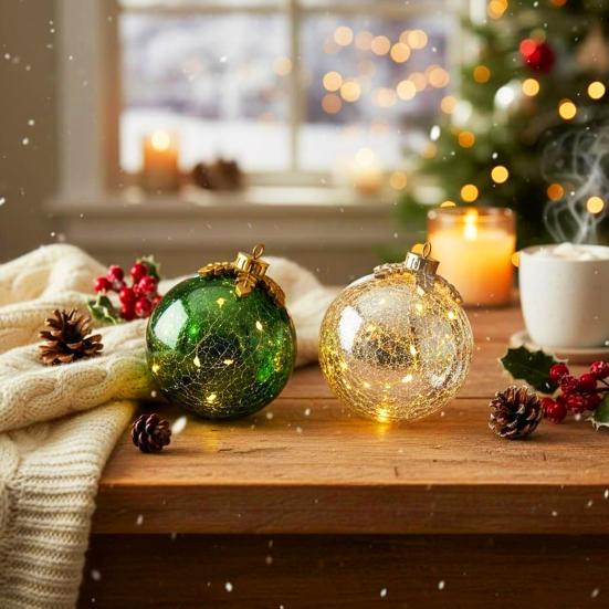 Glass Tabletop Christmas Ornament with LED Lights Glass Ball with Timer Function 6-Inch Light-Up Sphere for Holiday Centerpiece