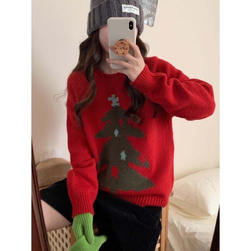 Crew Neck Red Christmas Tree Pullover Sweater Women's Autumn and Winter New Loose and Versatile Thickened Knitted Sweater Top