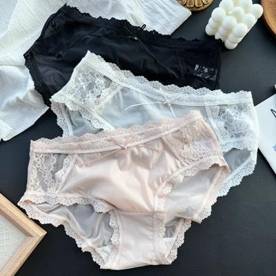Ladies Spring and Summer Sexy Lace Edge Mesh Satin Ice Silk Briefs