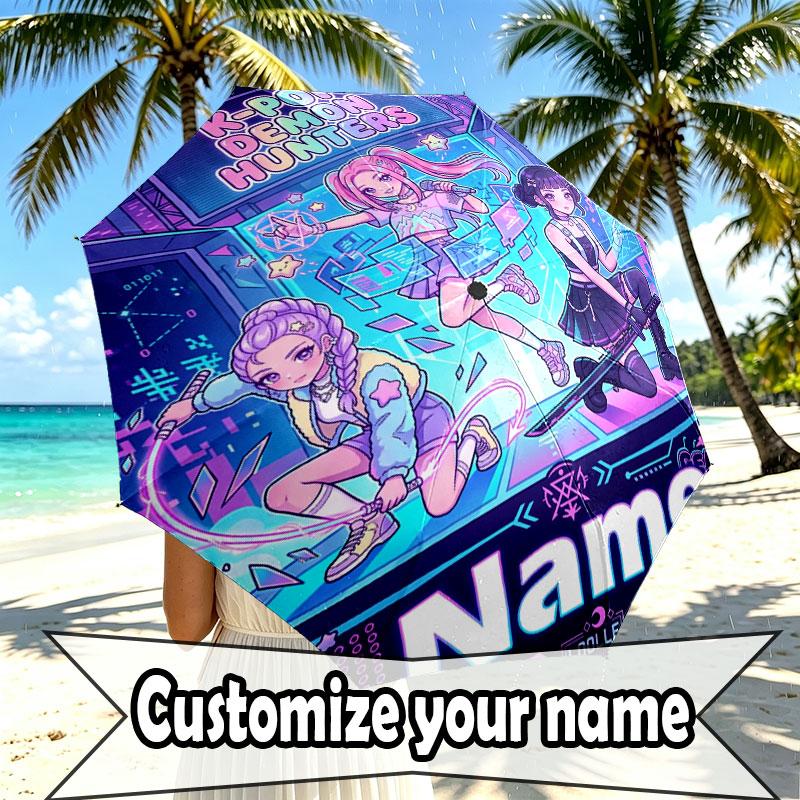 Custom Name Personalized Kpop Demon Hunter Print Umbrella, Auto Open Close, 8‑Rib Sturdy Frame, Commute Camping Hiking Use, Birthday Gift