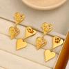 Elegant Retro Stainless Steel Heart Dangle Earrings with Pink Diamonds, 18K Gold Plated, Double Layer Design