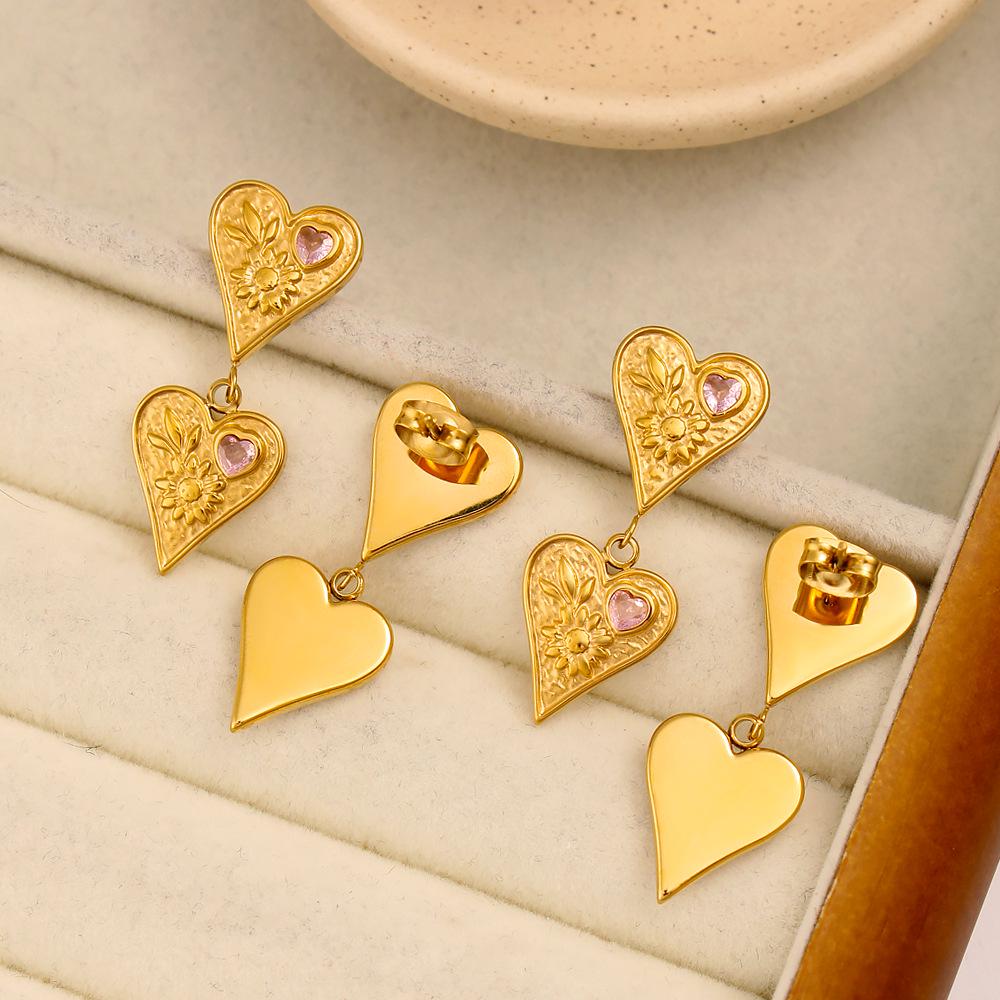 Elegant Retro Stainless Steel Heart Dangle Earrings with Pink Diamonds, 18K Gold Plated, Double Layer Design