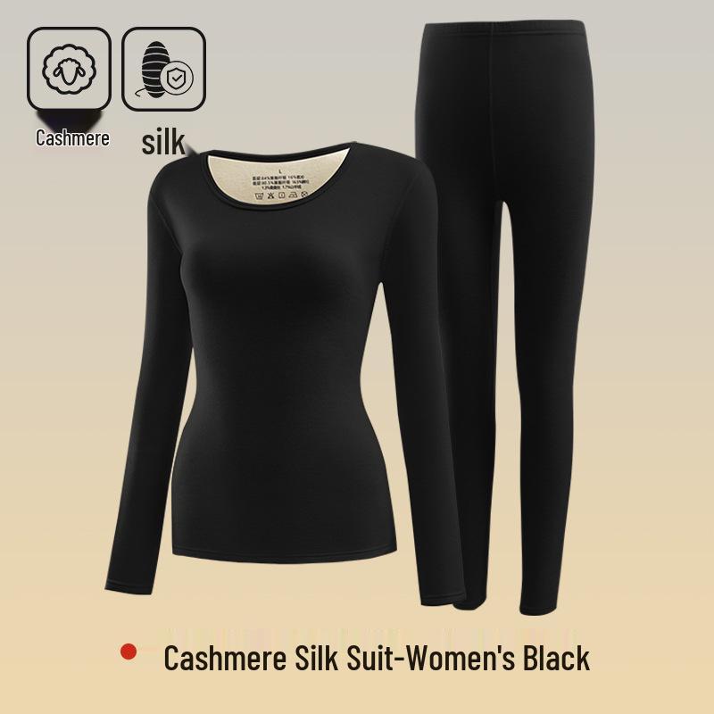Women's Cashmere Silk Thermal Underwear Set - Seamless, Round Neck, Autumn/Winter Warm Suit for Couples