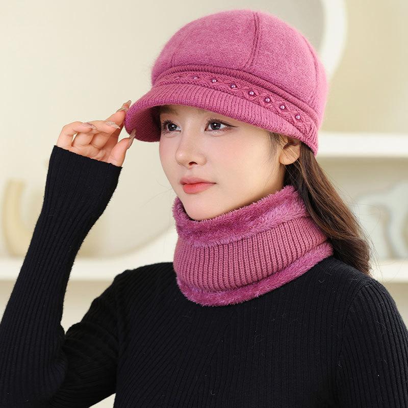 Middle-aged and old plush warm rabbit plush cap lady mother fashion cold-proof knitted hat outdoor wool hat