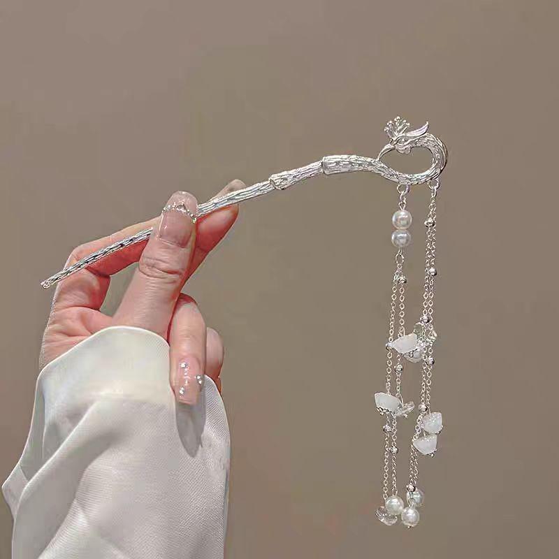 Elegant Retro Phoenix Tassel Hairpin with Pearls – Versatile Women's Headdress Accessory
