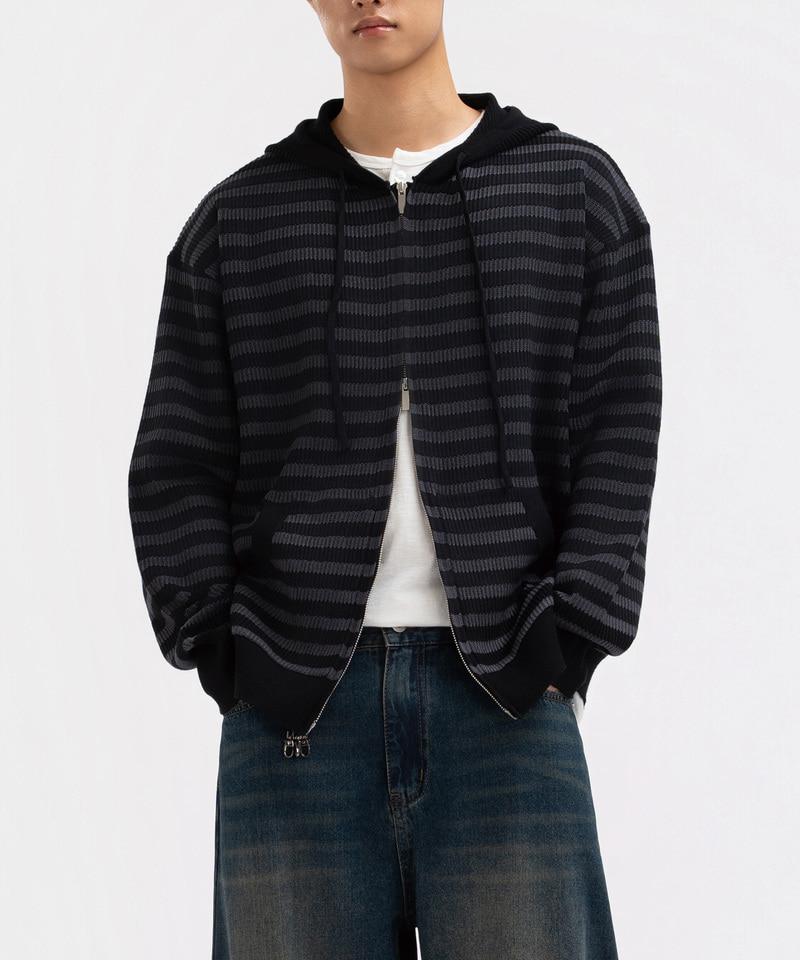 UNDEROFF Wavy Stripe Knit Zip-Up Hoodie Khaki