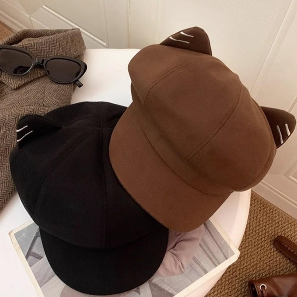 Solid Color Cat Ear Hat Woolen Octagonal Cap Casual British Beret Hat Artist