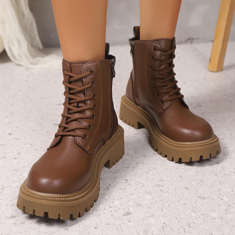 Fashion Fashion Gold PU Leather Platform Ankle Boots Women Thick Sole Lace Up Combat Booties Woman Autumn Winter Chunky Heel Short Boots