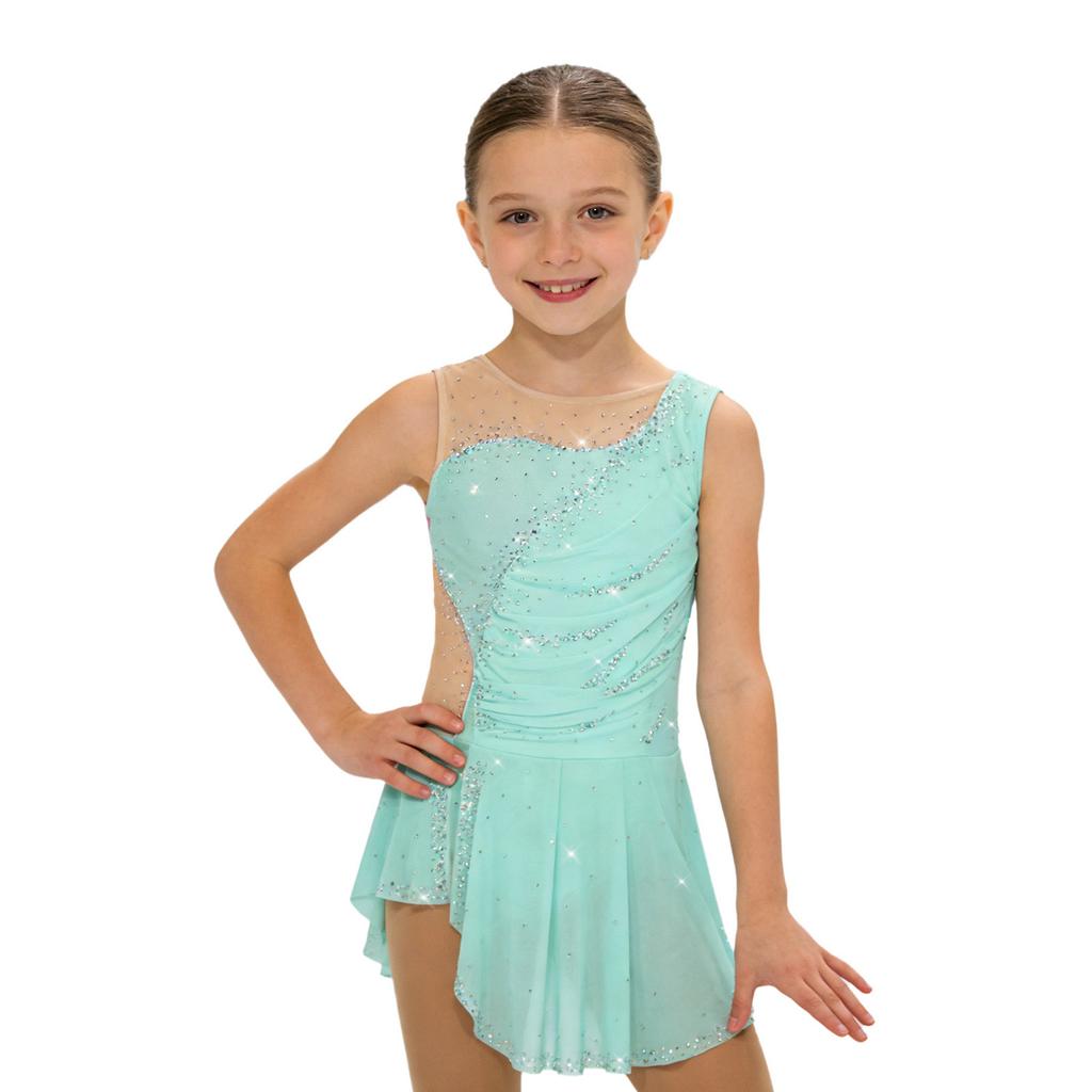 Kinder Gymnastik Schlittschuhlaufen Trikot Kleid Ärmellos Patchwork Strasssteine Raffung Netz Seiten Schlitz und Eingearbeitete Unterwäsche für Aufführung