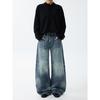 Blaexit American-Style Cleanfit Washed Whiskered A-Line Dark Blue Jeans Unisex Loose Straight Wide-Leg Pants