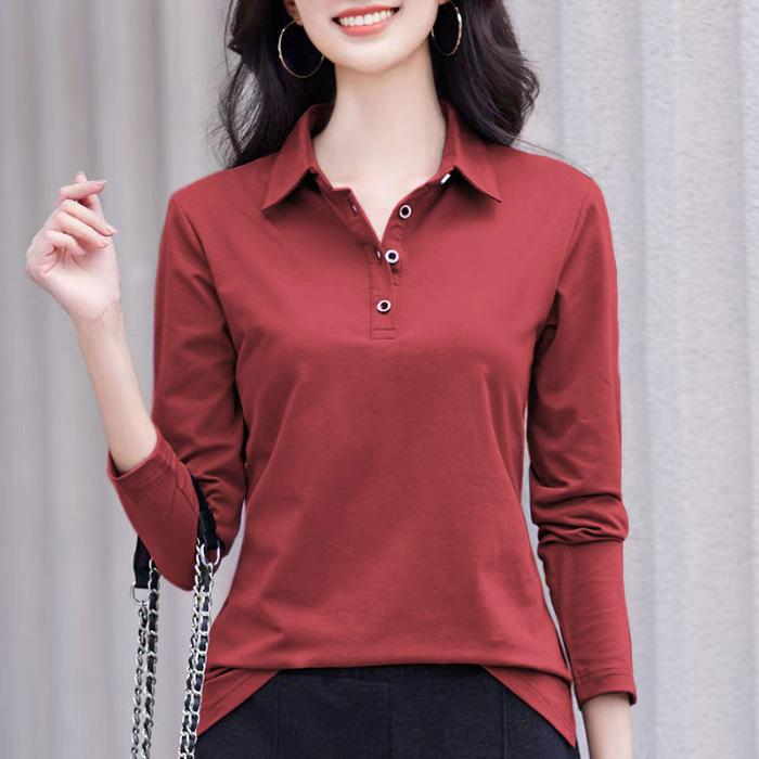 Women's Long Sleeve Polo Shirt Turn Down Collar Casual Solid Color Basic Top